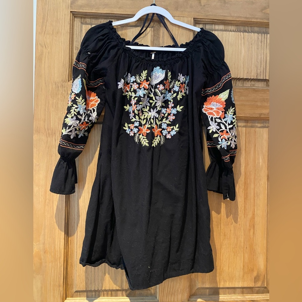 Free people fleur de Jour black embroidered mini dress| off the shoulder